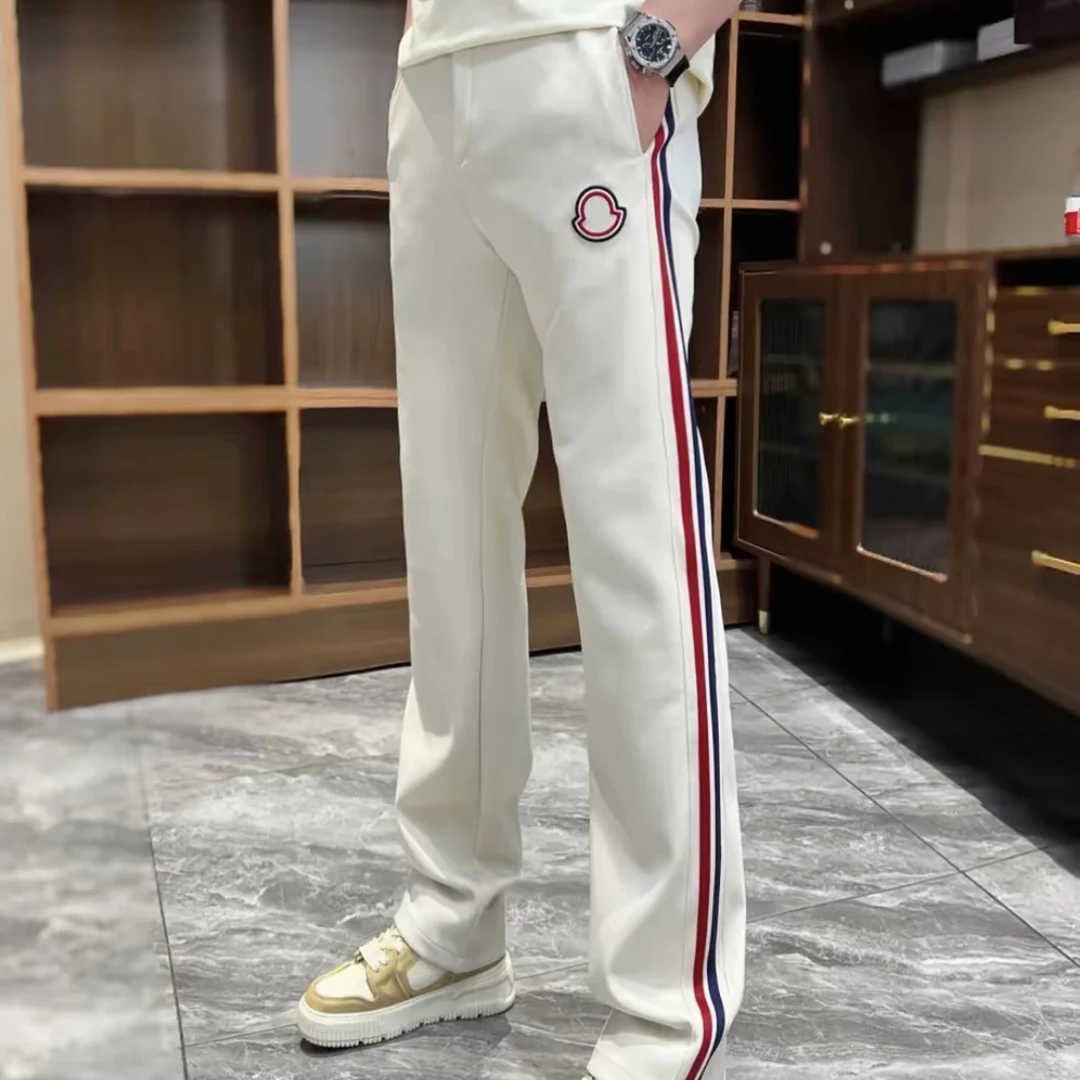 轻奢秋款黑白竖条纹休闲男款太空棉高级感撞色织带修身直筒长裤男