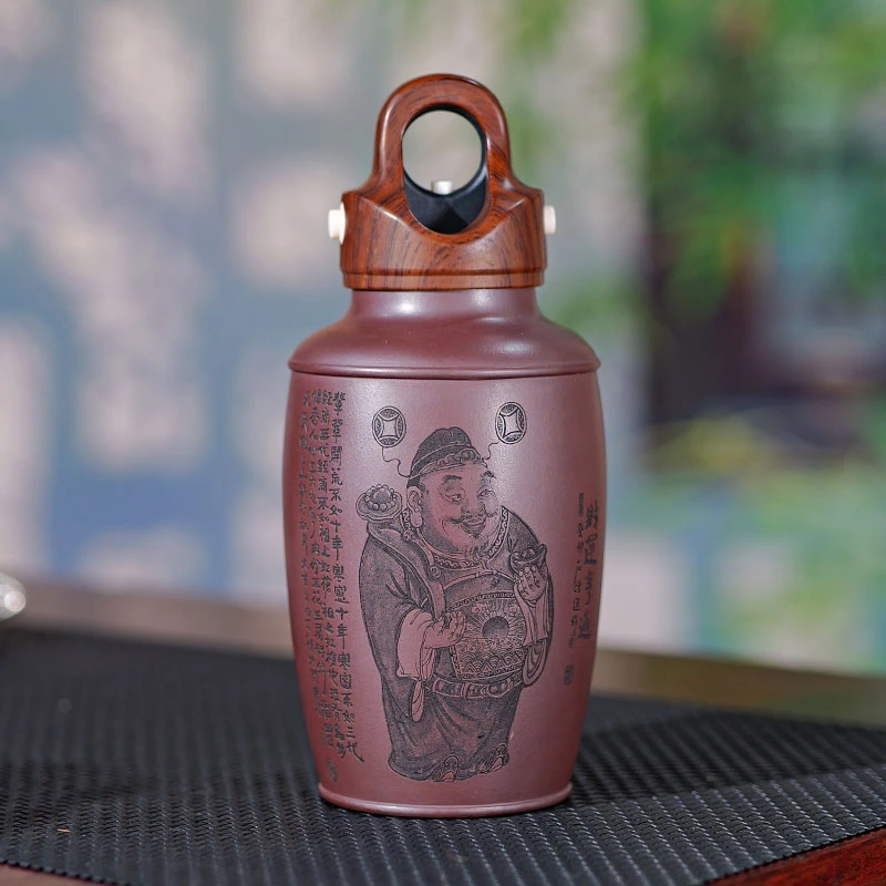 当代 财运亨通双层龙血砂宜兴精品紫砂刻绘净水杯 原矿紫砂