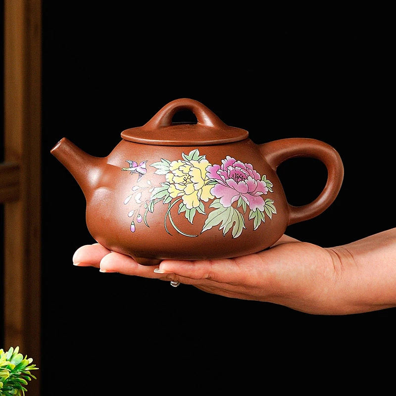纯手工彩绘牡丹花鸟石瓢壶宜兴原矿紫砂茶壶家用功夫茶杯朱泥茶具