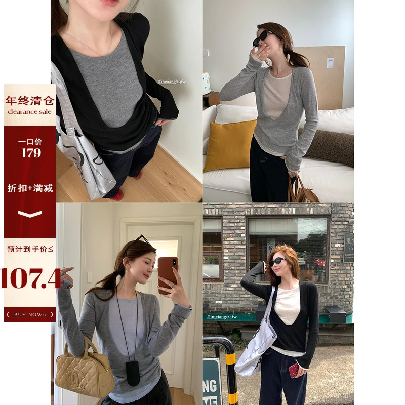 断码捡漏 桑蚕丝羊毛 假两件撞色针织衫上衣女秋大U领-134