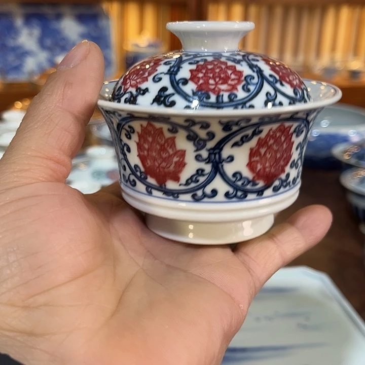 手工手绘釉里红盖碗