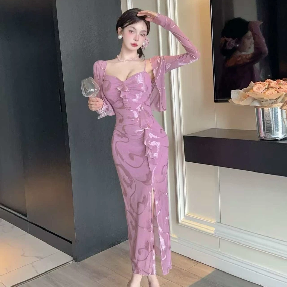 2025新款性感网纱荷叶边无袖开叉包臀吊带连衣裙+长袖开衫两件套