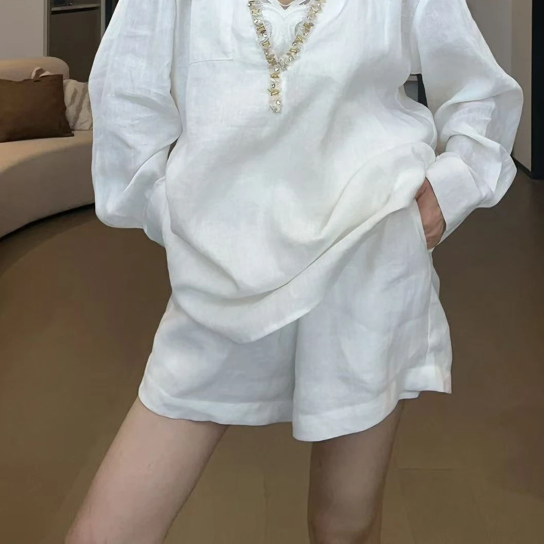 【夏季百搭】半袖高腰休闲裤简约白色亚麻短裤裤子薄款短裤高腰