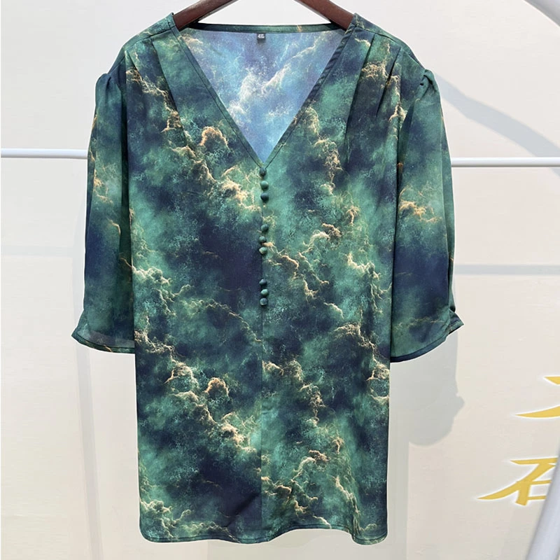 5549高档大码女装V领印花衬衫夏季新款碎花小衫显瘦短袖加肥上衣