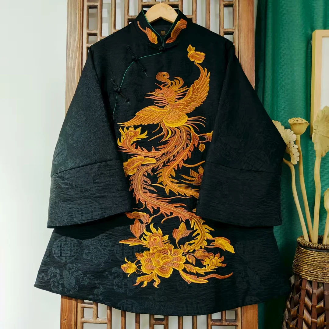 棉（LS392-1）凤徕兮私人定制黑福禄底金凤刺绣斜襟盘扣立领薄棉服