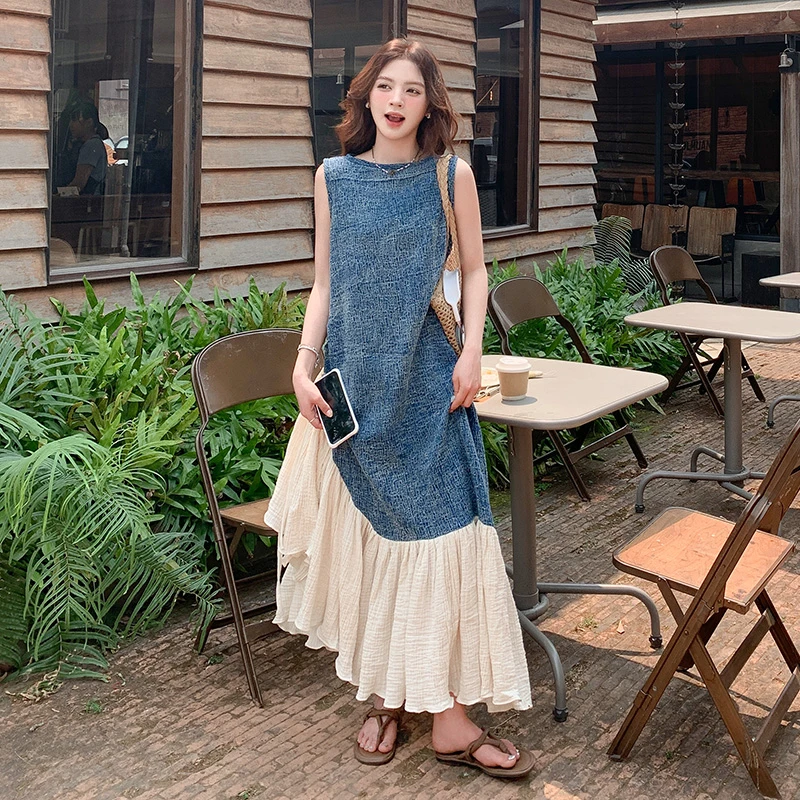 法式复古设计感牛仔拼接背心裙女夏季2025新款超好看爆火气质长裙