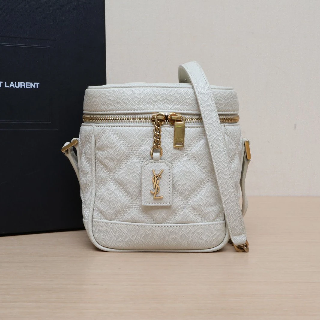 95新 YSL/圣罗兰 【黑黑】 米白色 80‘s 化妆盒 皮牌