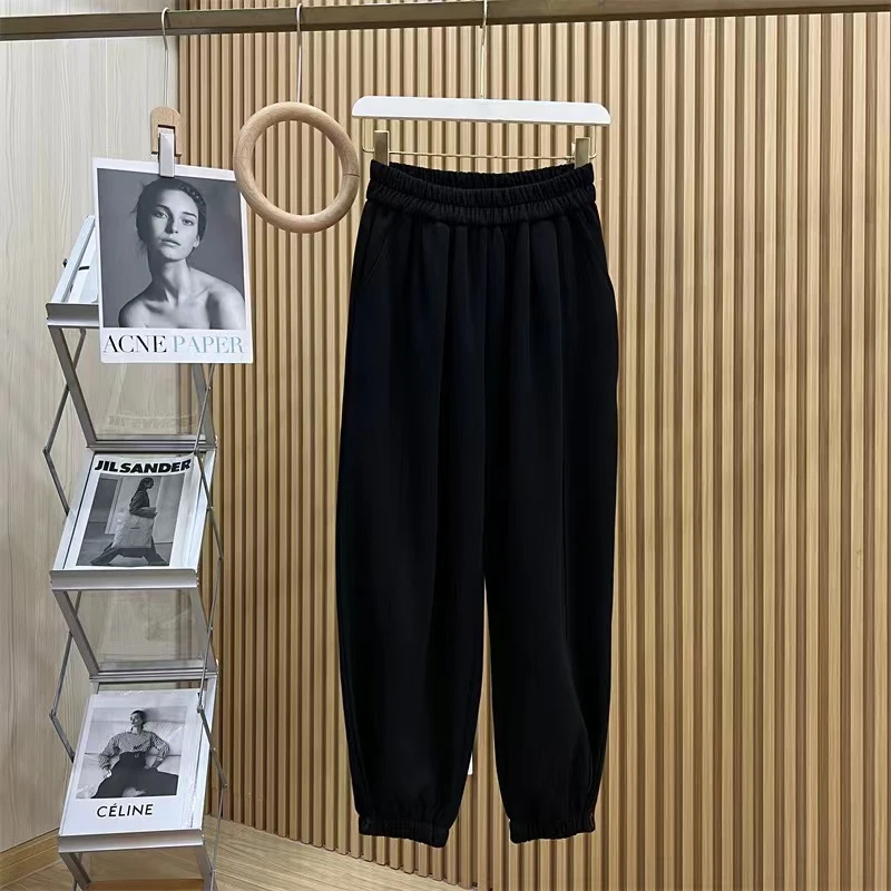 9915 简约百搭口袋束脚裤松紧高腰运动九分萝卜裤