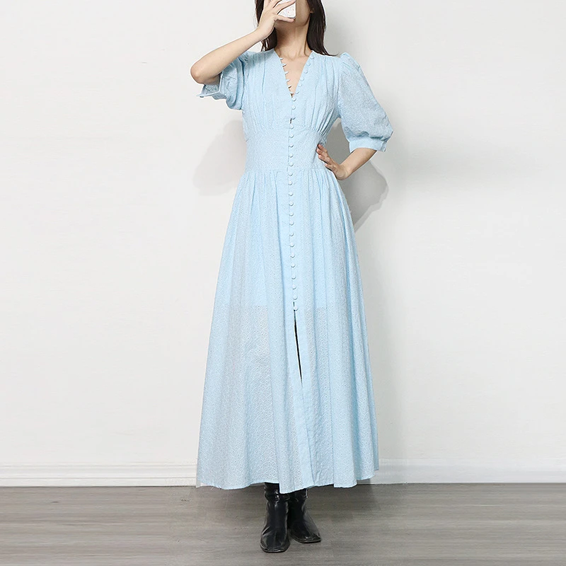 2025蓝色时尚秋新款气质通勤纯色收腰长袖越南小众复古连衣裙长裙