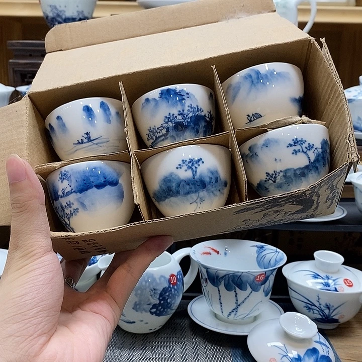 手绘水乡杯子6个装釉下彩高温瓷微瑕福利款