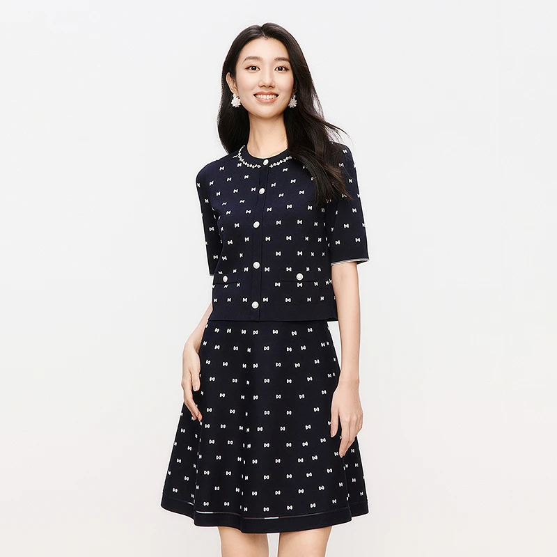 Koradior/珂莱蒂尔夏季印花优雅波点显瘦针织衫气质时尚小衫修身