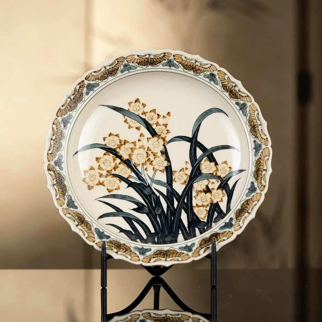 【利贞】青花釉里金水仙葵口壶承 直径20cm 纯手绘制茶具LQT