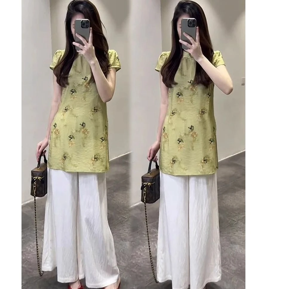 2025夏季新款新中式盘扣旗袍短袖上衣阔腿裤气质两件套时尚套装女