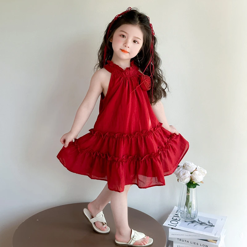 女童挂脖连衣裙洋气儿童夏季新款女宝宝甜美背心公主裙子小女孩潮
