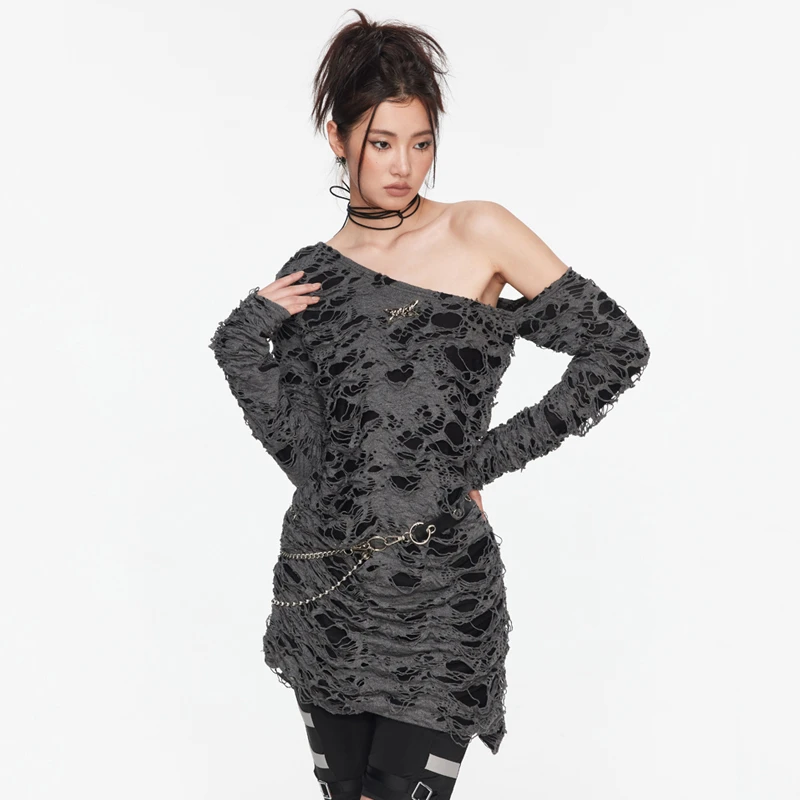 BGAG 原创设计感镂空长款T恤秋季女废土女孩解构显瘦长袖上衣H12
