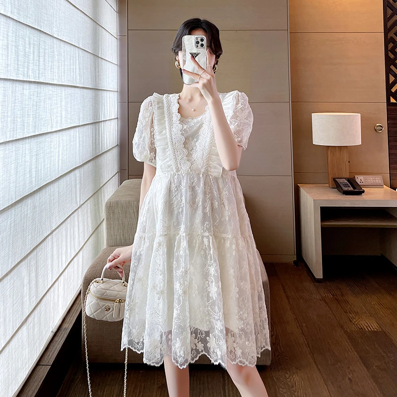 2025重工夏款新款甜美风可盐可甜欧根纱蕾丝孕妇连衣裙显瘦气质