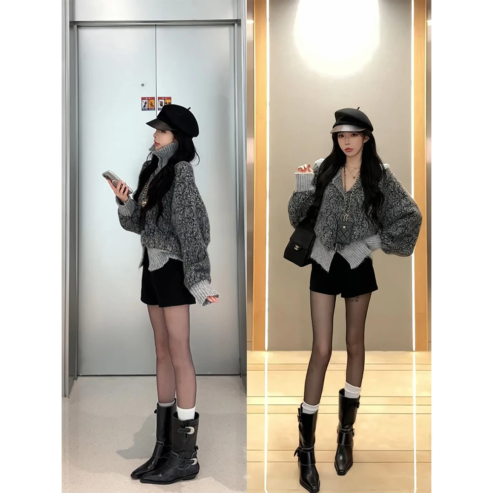 【出街私服】休闲长袖撞色宽松显瘦遮肉毛衣开衫女秋冬22893#