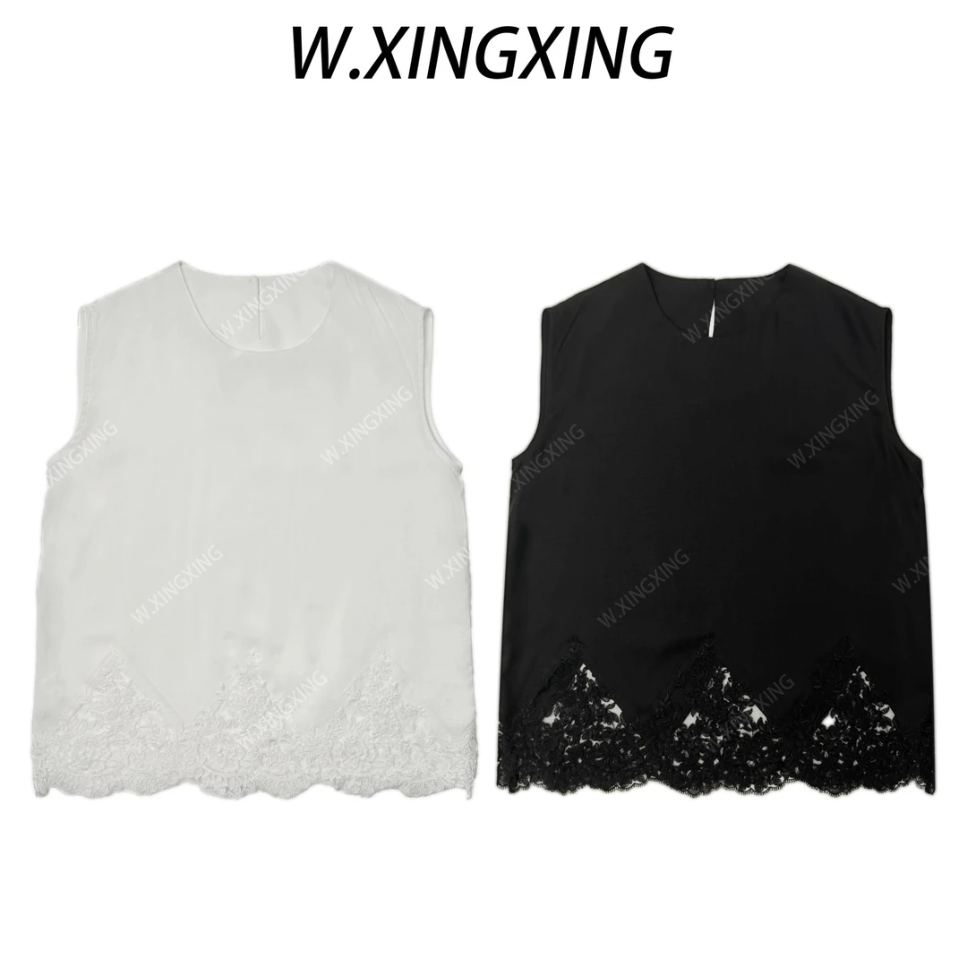 W.XINGXING“随性背心”拼接蕾丝无袖背心百搭坎袖t恤女