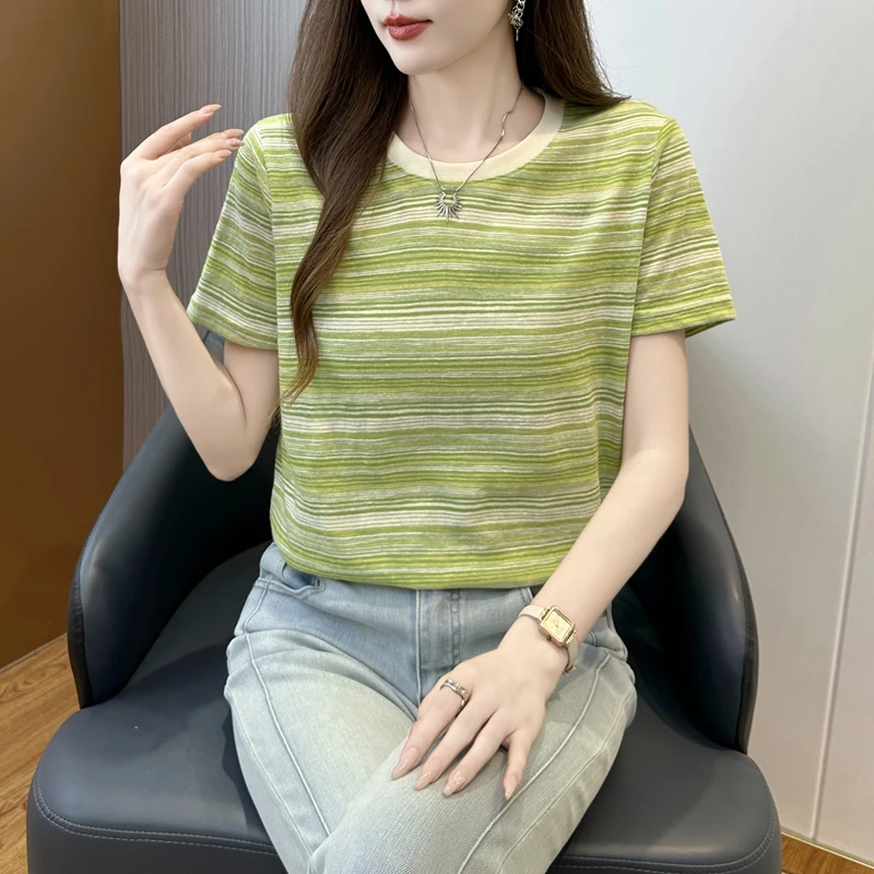 雾丝雪亚短袖t恤夏2025新款潮美式条纹圆领上衣韩版女装