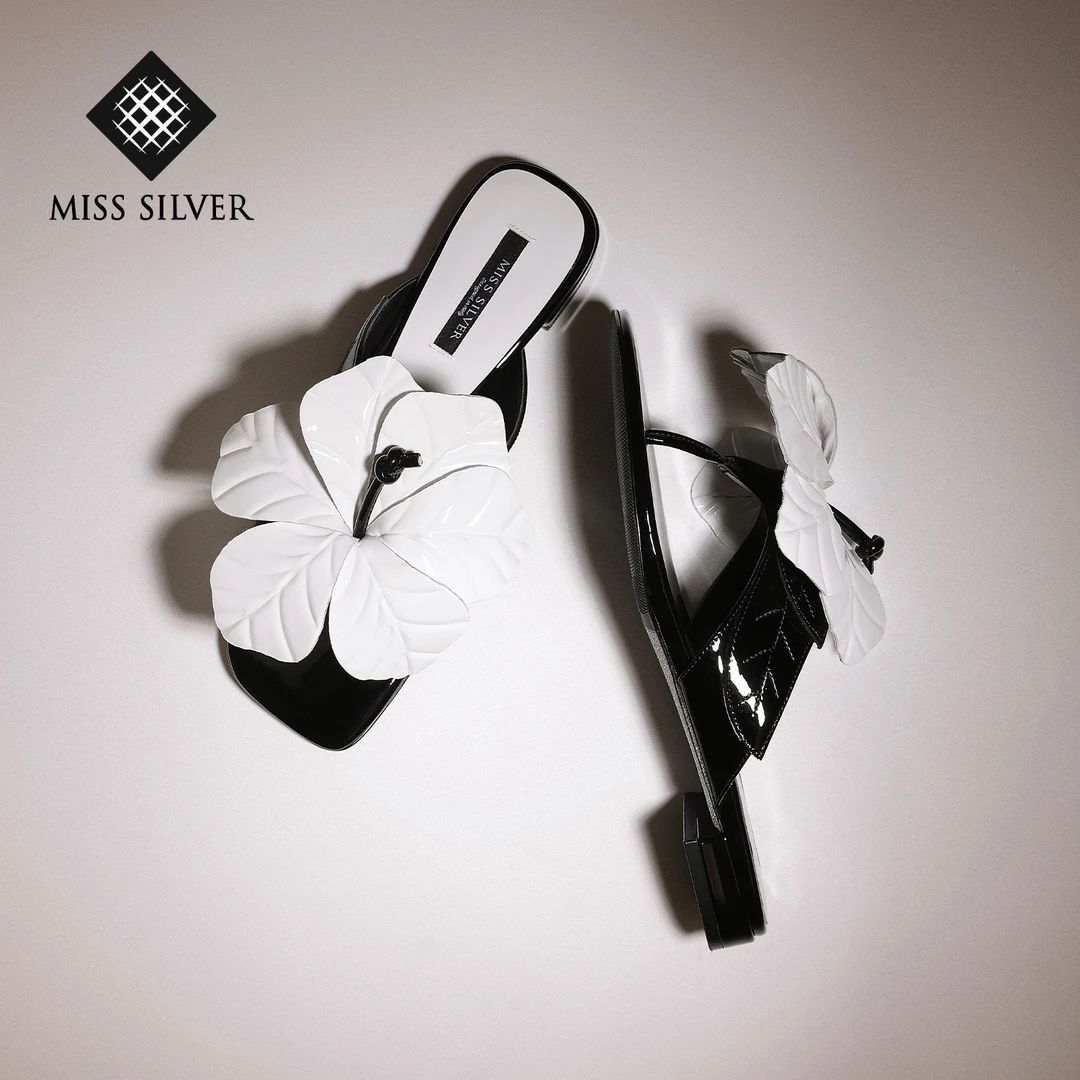 MISSSILVER2025年夏季新款一字拖白色大花朵简约时尚气质