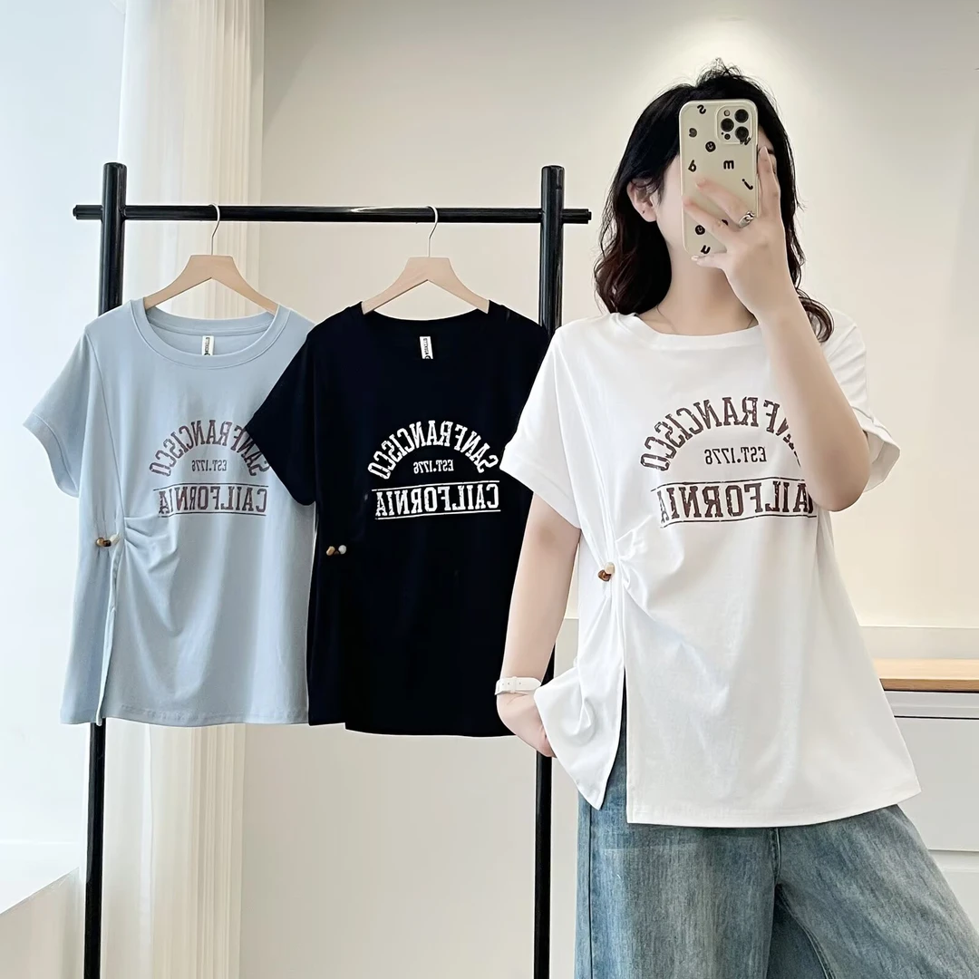 大码女装短袖圆领大码宽松印花圆领T恤韩版百搭印花宽松夏季