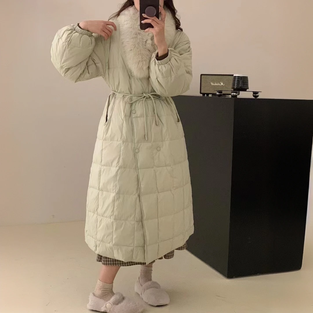 冬季长款羽绒服过膝修身不臃肿带狐狸毛领时尚收腰保暖显瘦薄款
