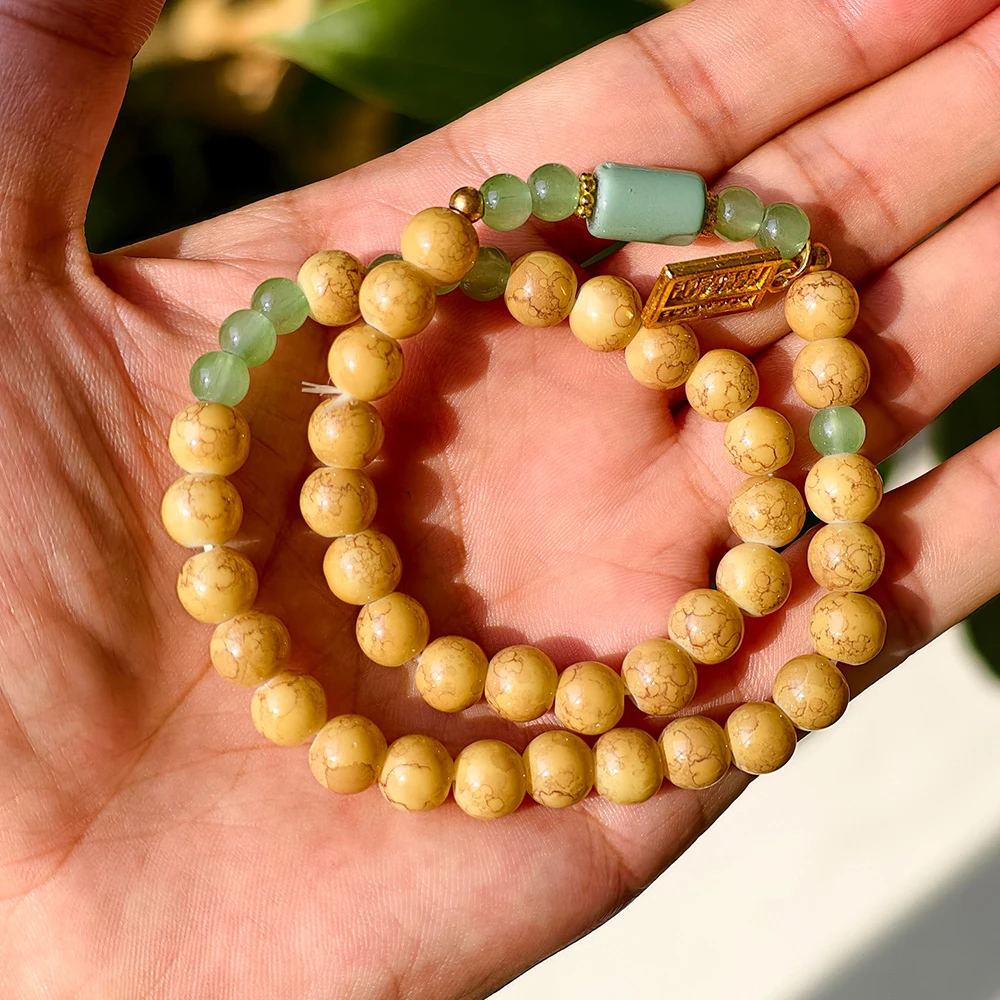 合成金属木质手链 原创小众设计男女禅意招财双层叠戴手串