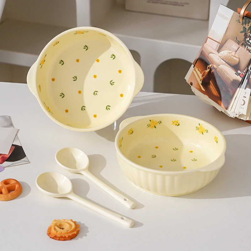 【7.5寸双耳面碗】奶油风琉璃花双耳面碗勺套装陶瓷餐具家用碗勺