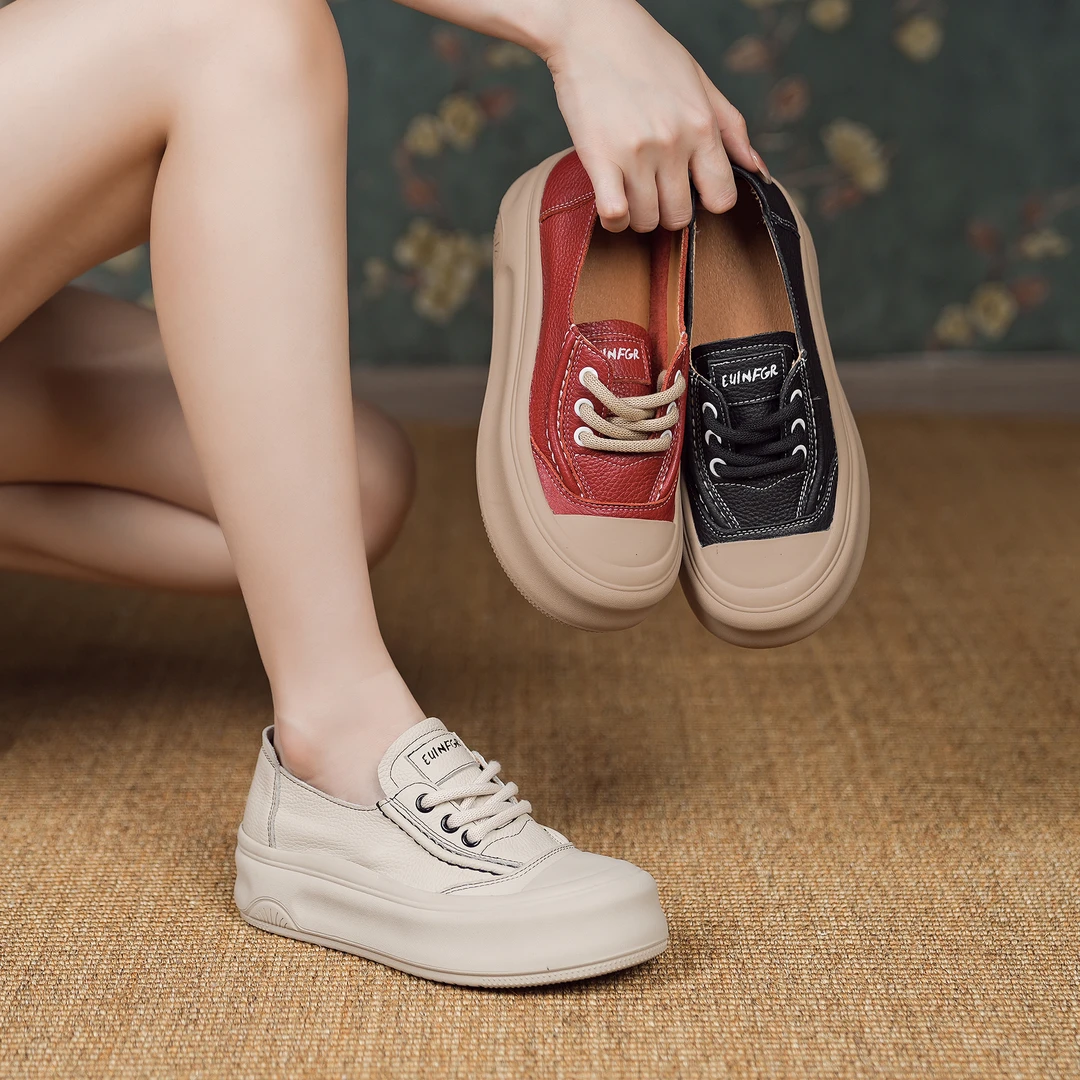 软底圆头复古鞋女2025厚底新款百搭时尚平底运动鞋 13635秋季系带