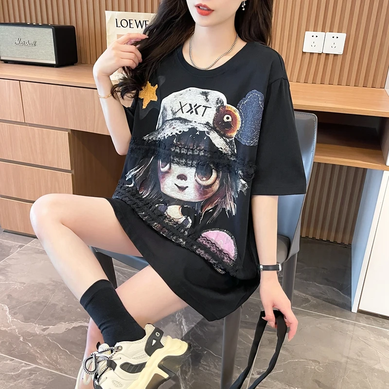 慵懒风卡通减龄短袖T恤女2025夏季韩版宽松大码显瘦遮肉半袖上衣