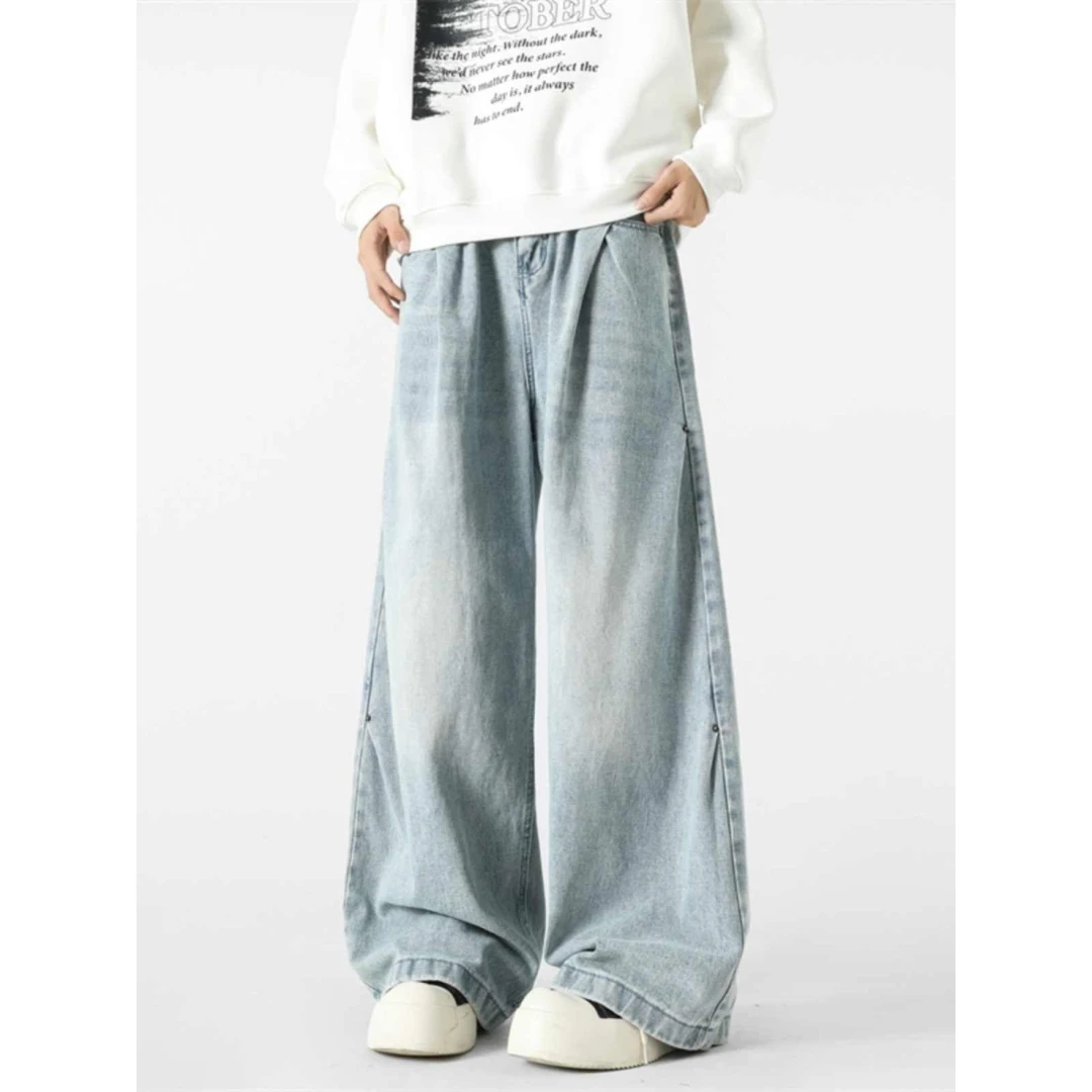 美式复古浅蓝水洗阔腿牛仔裤男宽松oversize拖地直筒裤