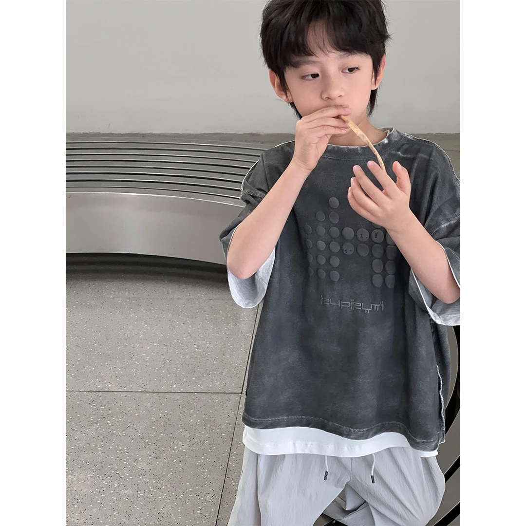 【现货】夏装儿童韩版时尚复古休闲宽松圆领套头短袖T恤CC1021-BXX1