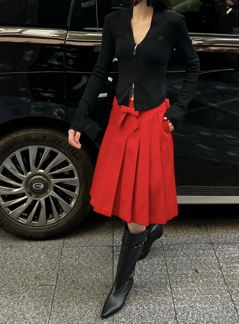 ethor ETHOR 25AW秋冬新款红色蝴蝶结百褶半裙