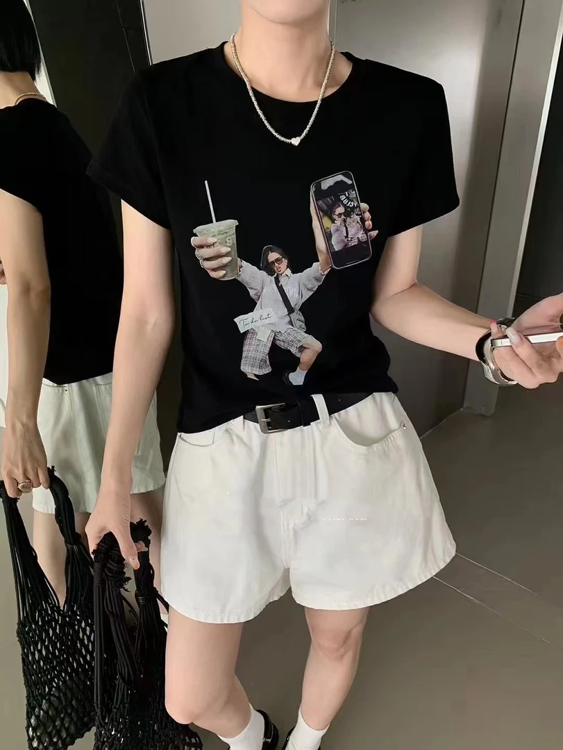 NICE圈圈、美式墨镜女孩印花圆领短袖Tee上衣A7268