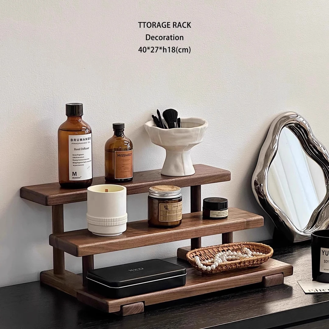 高颜值胡桃木桌面阶梯置物架免安装实木陈列架子香水化妆品收纳架