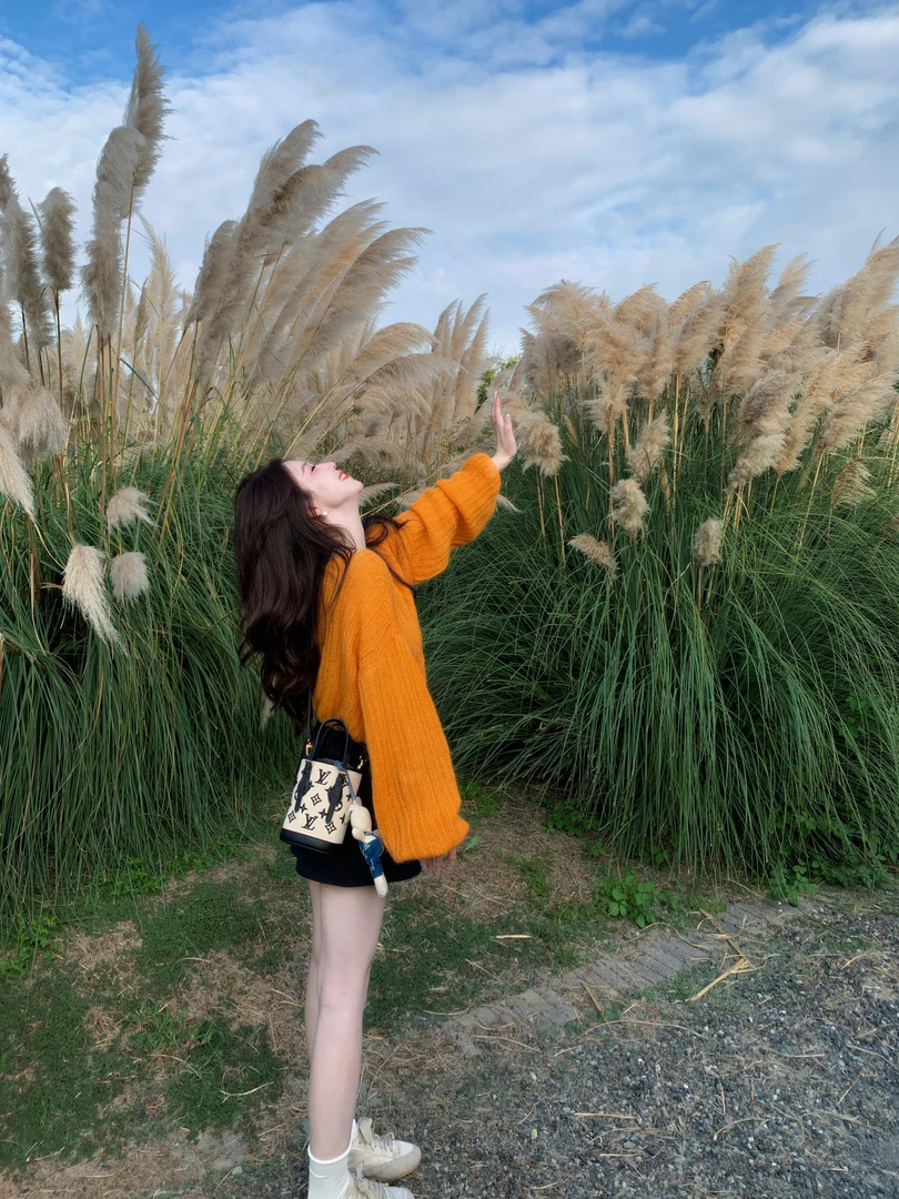 2025秋季新款韩系温柔风减龄橘色针织上衣女搭配短裙气质两件套潮