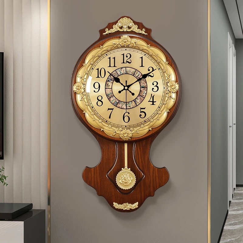 新中式创意贝壳挂钟欧式复古静音石英钟挂墙表木钟表客厅家用挂钟