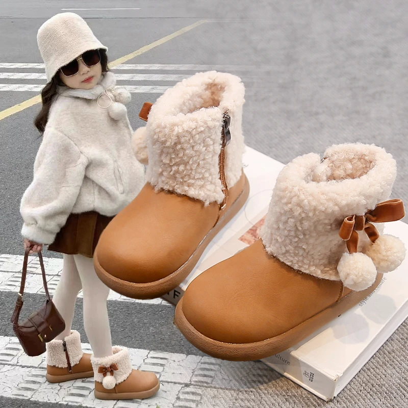 ABC女童雪地靴公主加绒保暖棉靴2025冬季新款中大童女孩皮面短靴