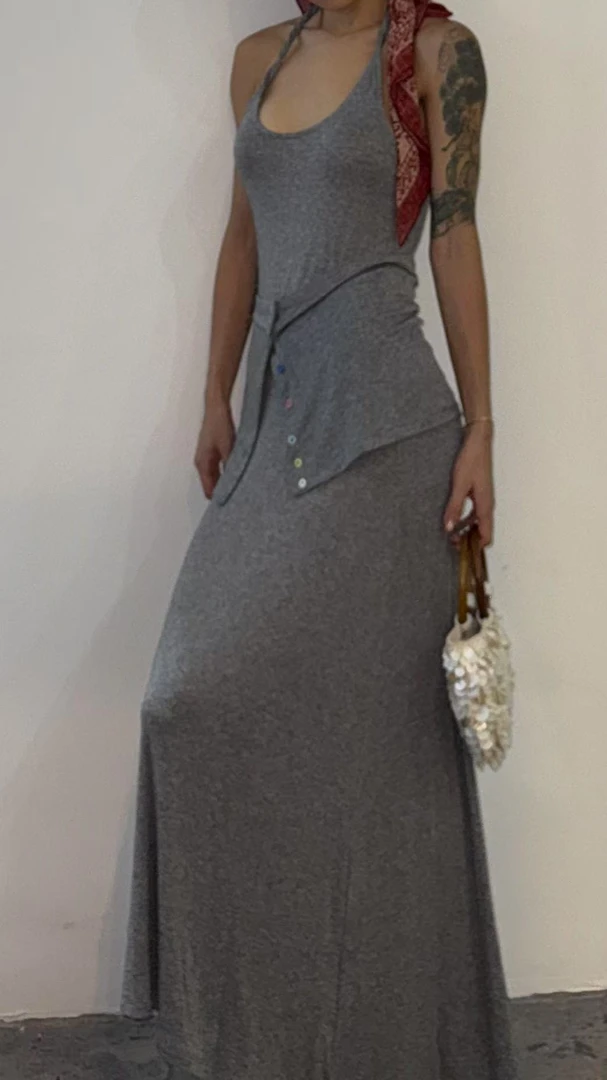 挂脖极简风不规则连衣裙长裙套装25359