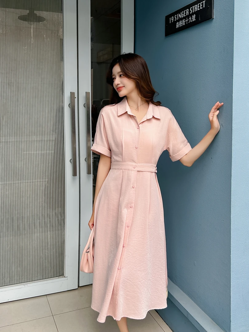 时尚百搭2025新款爆款纯色设计感polo领连衣裙535墨气质夏季