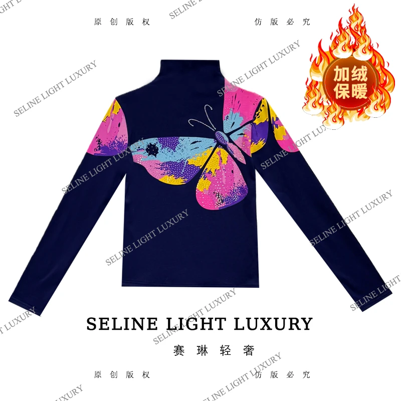 【25Q-751】太 2025 SELINE 原创比翼彩蝶印花轻奢高领加绒长袖T恤
