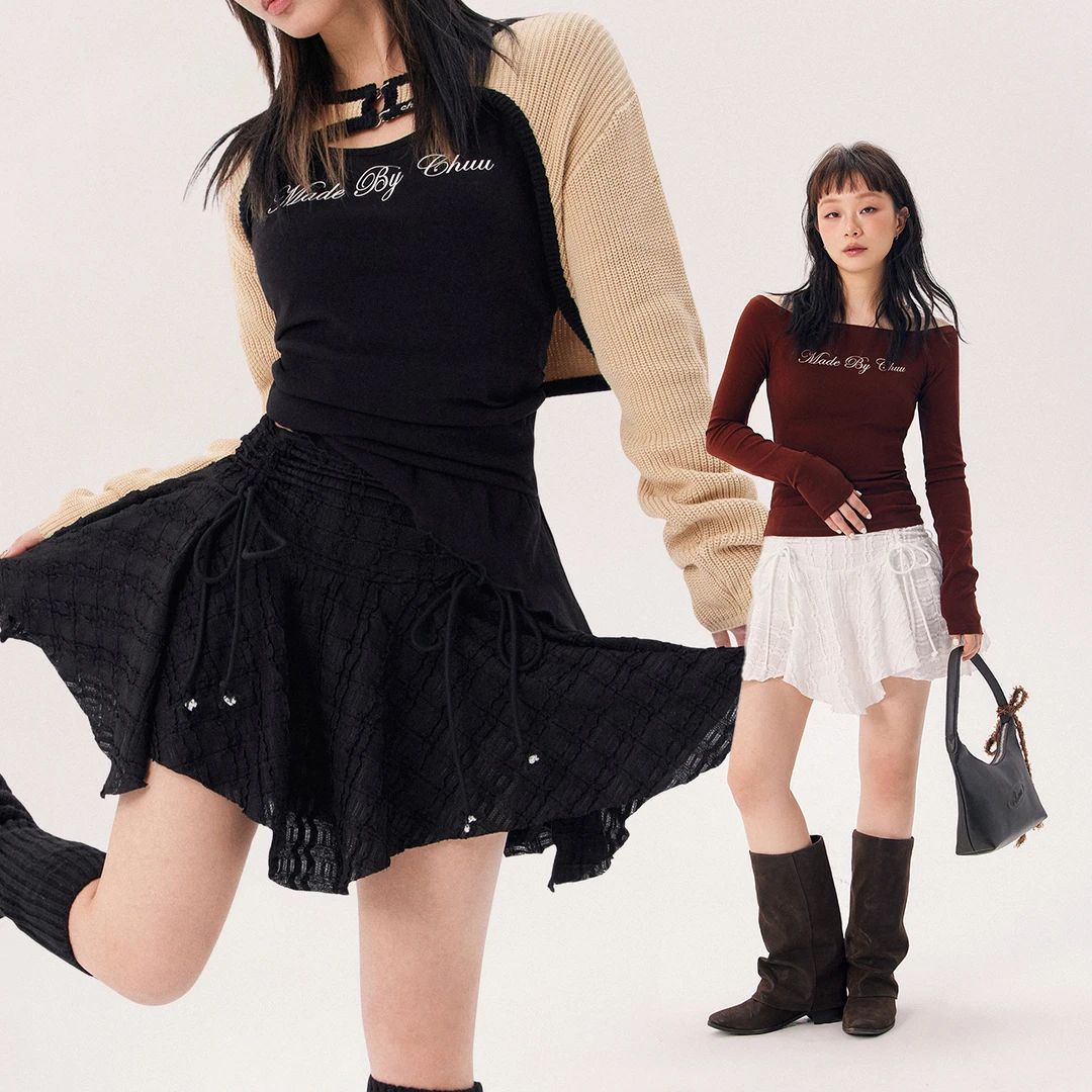 【设计师JOO系列】CHUU秋季女装抽绳设计高腰韩式穿搭蕾丝半身裙