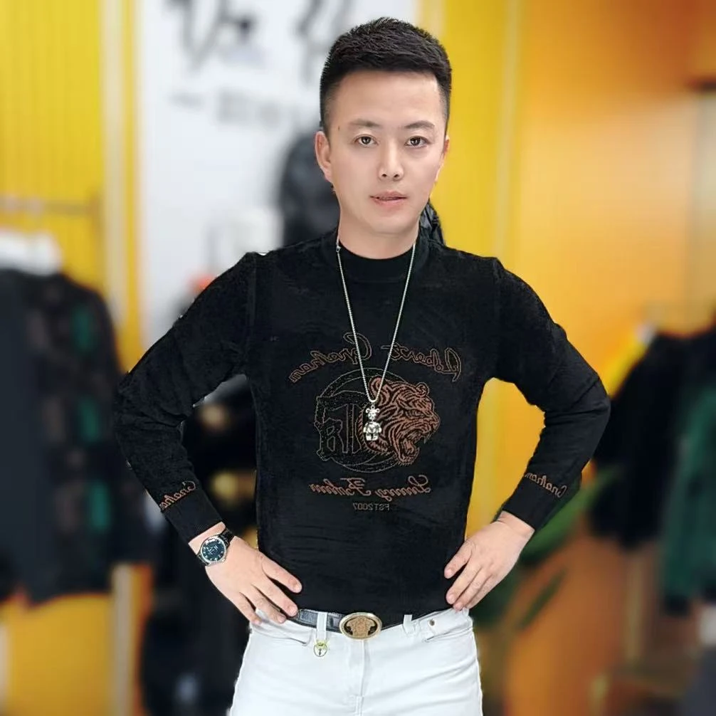 8713冬季新款潮流男士天鹅绒提花修身长袖时尚针织毛衣