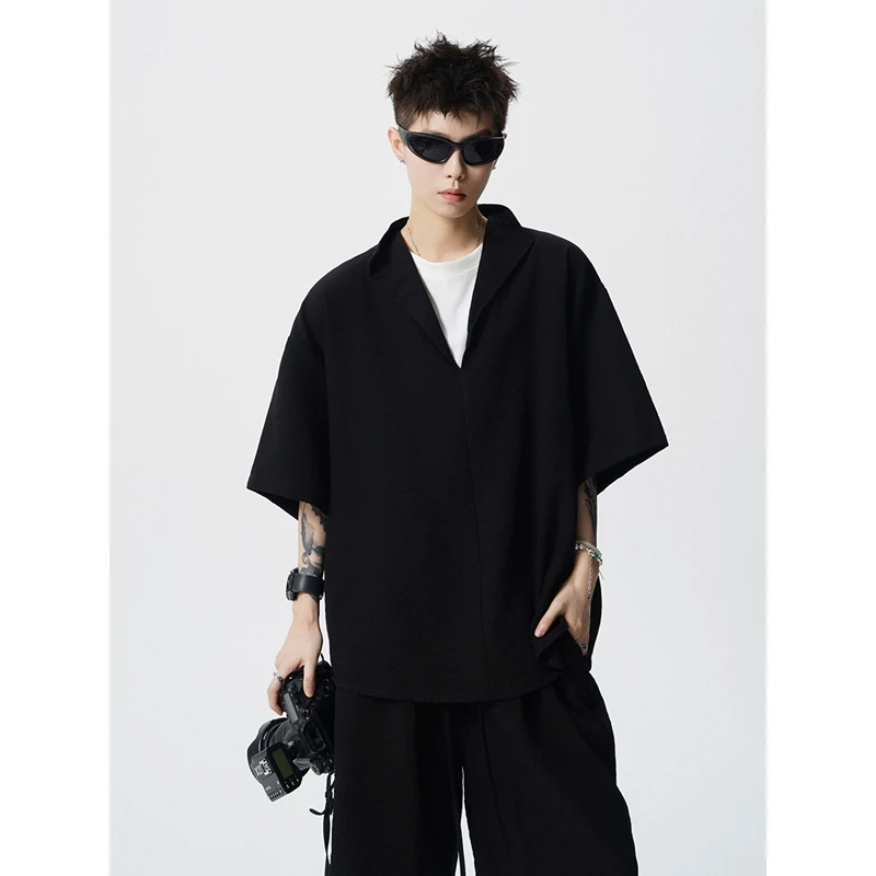 莱赛尔天丝亚麻短袖T恤假两件男一套衣服搭配老钱风高端凉感套装