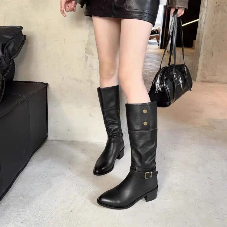 2919-11时装靴辣妹靴冬季网红中筒秋冬长靴百搭黑色尖头