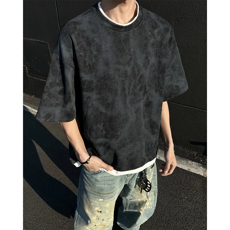 【大重码】夏季百搭圆领美式复古假两件扎染短袖男宽松潮牌T恤男士