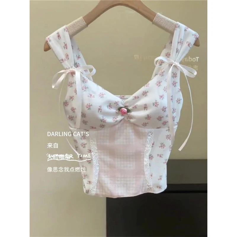 绝美漂亮粉色芭蕾风碎花带胸垫吊带背心女设计感小众无袖小上衣