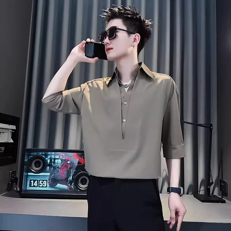 衬衫男士短袖夏季冰丝潮牌男装2025新款衬衣男款七分袖POLO衫上衣