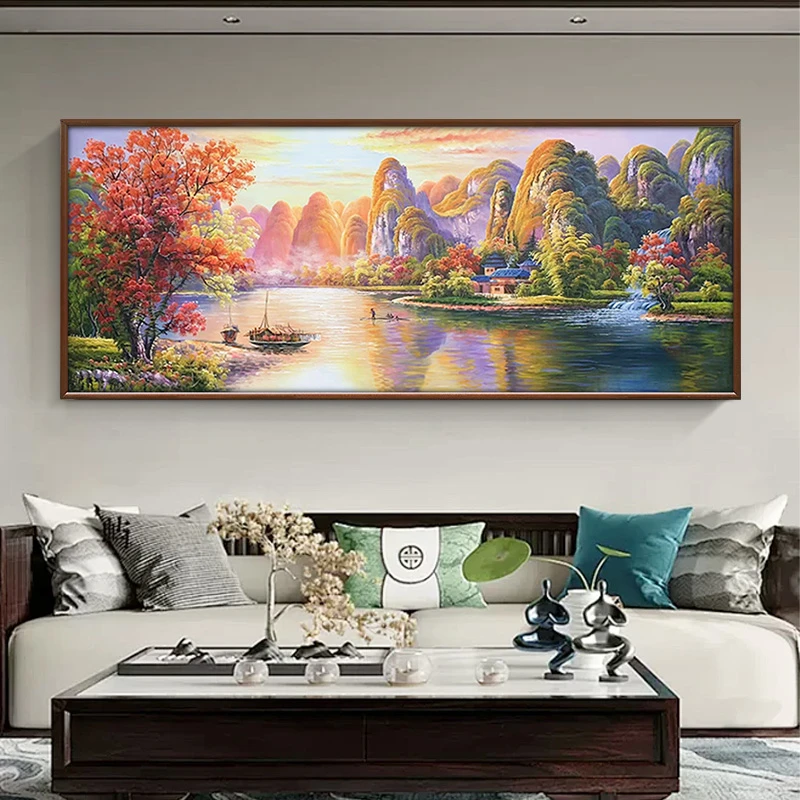 手绘油画桂林山水风景油画客厅背景装饰画中式简约办公室大气挂画