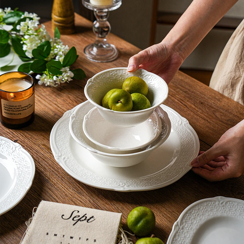 舍里法式浮雕菜盘子餐具米饭碗家用白色陶瓷餐盘鱼盘意面盘西餐盘